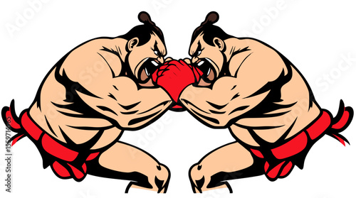 Cartoon Sumo Wrestlers Fighting – Traditional Japanese Wrestling Characters in Action Poses