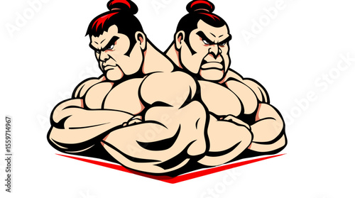 Cartoon Sumo Wrestlers Fighting – Traditional Japanese Wrestling Characters in Action Poses