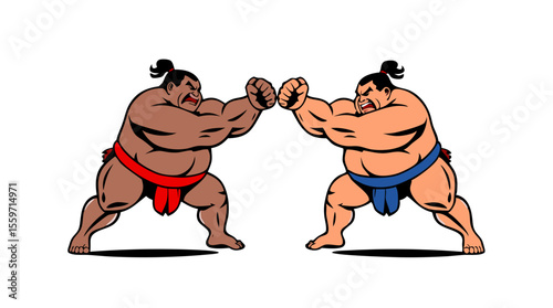 Cartoon Sumo Wrestlers Fighting – Traditional Japanese Wrestling Characters in Action Poses