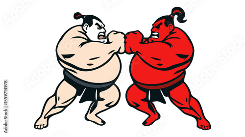 Cartoon Sumo Wrestlers Fighting – Traditional Japanese Wrestling Characters in Action Poses
