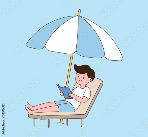 A person resting under a parasol. minimal line illustration.