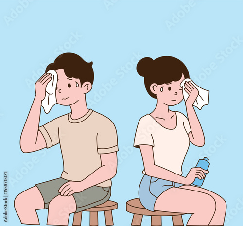 People sitting in a summer of sweat. minimal line illustration.