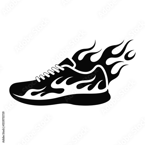 Black and White Sneaker with Flames Illustration on White Background