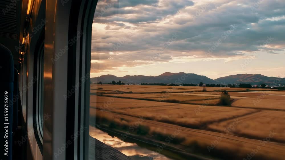 Passenger train passing by hokkaido countryside at dusk