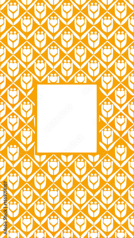 Obraz premium Abstract geometric pattern featuring stylized white tulips with heart shapes on a vibrant orange background with a central white square