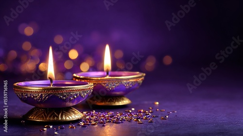 Diwali, Oil lamps on purple background. High quality