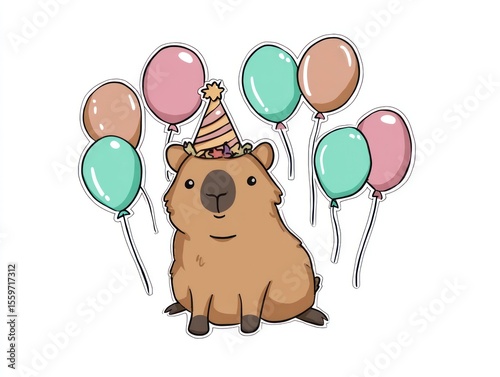 A capybara wearing a party hat surrounded by pastelcolored balloons
