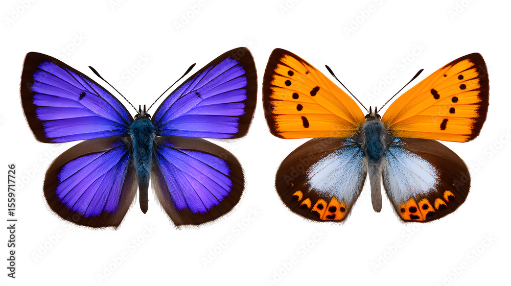 Obraz premium Two butterflies flying side by side, different wing colors, isolated perfectly for stock cutout