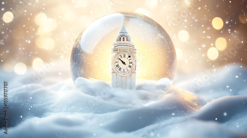 A glowing snow globe featuring a snowy clock tower frozen in time, surrounded by swirling white snow and pale amber bokeh behind it