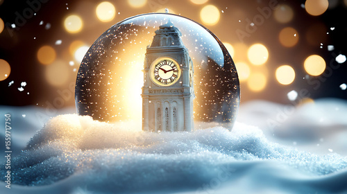A glowing snow globe featuring a snowy clock tower frozen in time, surrounded by swirling white snow and pale amber bokeh behind it