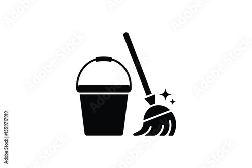 Cleaning Supplies Mop and Bucket Icon Black white