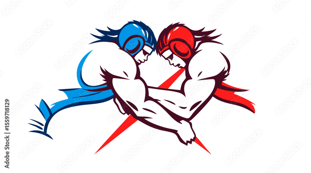 Obraz premium Boxer Face-Off – Red vs Blue Fighters in Combat Stance