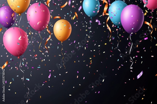 Glossy party balloons and swirling confetti ribbons over black sale background