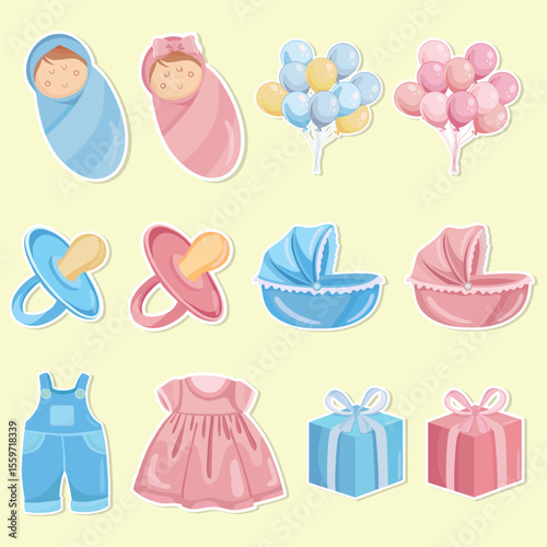 Gender reveal stickers It's a girl It's a boy Blue and pink baby elements