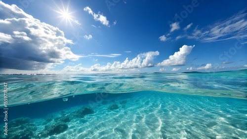 Half Underwater Half Sky View of Clear Ocean Water and Bright Sunlight