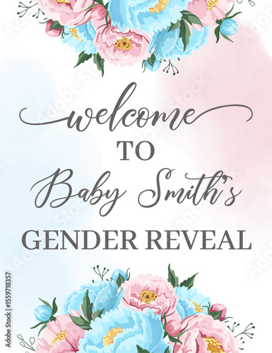 Gender reveal welcome banner Blue and pink flowers Boy or girl