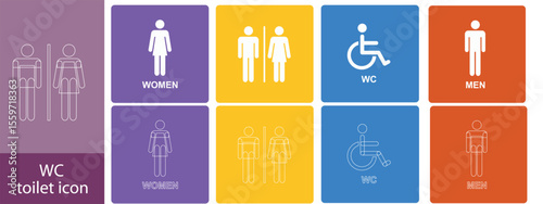 WC icon set. Toilet, restroom, man and woman, bathroom, disabled, dumpster, toilet paper, infant - stock vector.