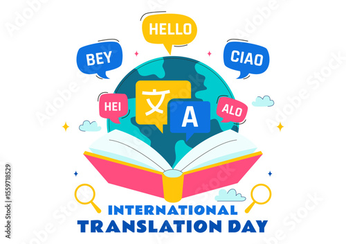 International Translator or Translation Language Day Illustration with Hello Greetings from Different Countries and Multilingual Global Communication