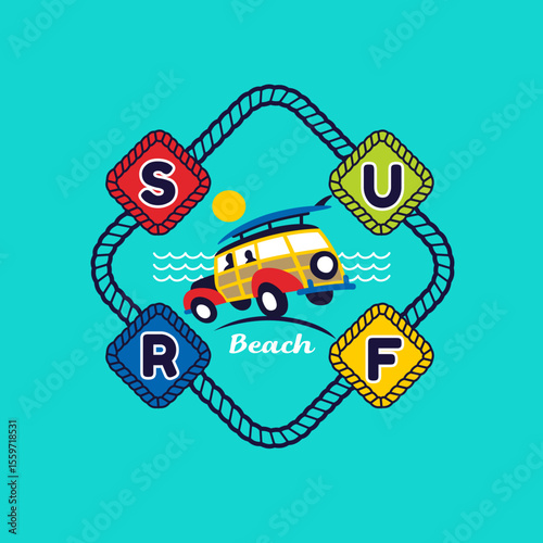 beach car carrying a surfboard, Animal Cartoon, Flat Vector Illustration