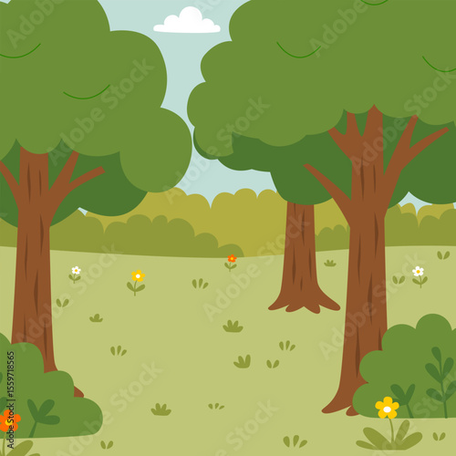 flat outdoor illustration of forest with big trees suitable for children's hide and seek theme
