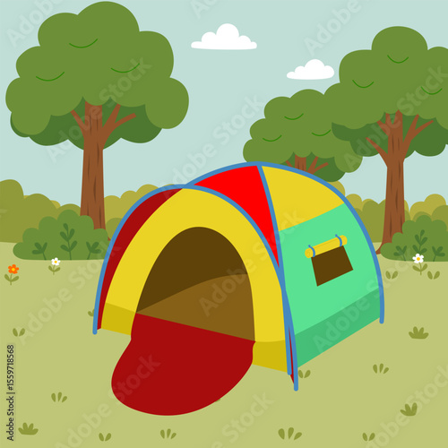 flat illustration of outdoor forest and tent for kids camping
