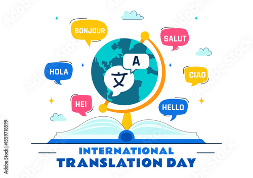 International Translator or Translation Language Day Illustration with Hello Greetings from Different Countries and Multilingual Global Communication