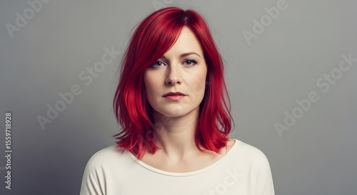 woman with bright red shoulderlength hair wearing a white shirt centered against a solid gray background