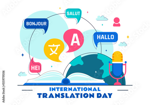 International Translator or Translation Language Day Illustration with Hello Greetings from Different Countries and Multilingual Global Communication