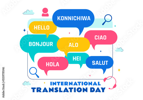 International Translator or Translation Language Day Illustration with Hello Greetings from Different Countries and Multilingual Global Communication