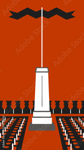 Memorial obelisk with black banners against a red background  