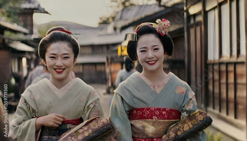 Two beautiful Japanese women dressed as geisha or maiko in traditional kimonos, smiling in a historical setting.