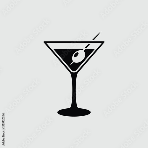 Elegant Black and White Martini Glass with Olive Illustration