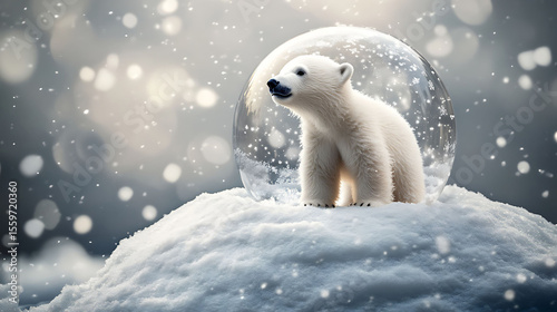 A snow globe containing a polar bear cub standing on a snowy hill, heavy snowstorm effect and soft frosty white bokeh lighting the background
