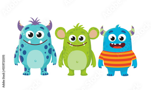 A vibrant set of three cheerful and whimsical cartoon monster characters with distinct colors and patterns.

