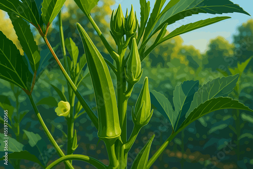This image features a close-up view of a young okra plant (Abelmoschus esculentus) growing in a field. The focus is on several immature green okra pods emerging from the plant’s central stem, surround