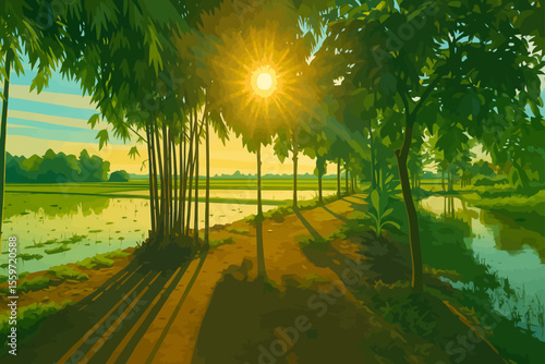 This image captures a serene rural landscape at sunrise or sunset, with the sun shining through a line of trees casting long shadows on a dirt path. To the left, there are rice paddies filled with wat