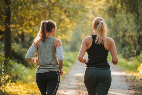 Friendship and fitness, women walking in park trail, casual and energetic scene