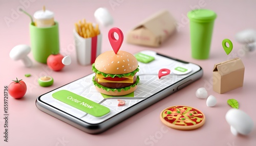 3D mobile phone with delivery food element. Food delivery concept