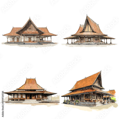 Traditional Javanese Joglo houses with distinctive layered roofs and open verandas, showcasing Indonesian heritage architecture in warm earthy tones.

