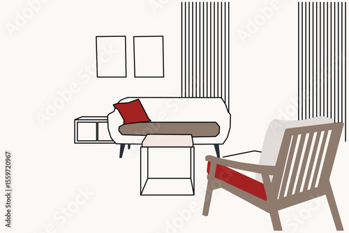 Interior design with modern living room on white background , vector , illustration