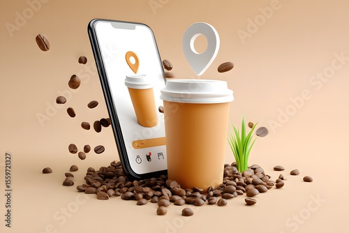 Mobile phone with coffee cup. Delivery food concept