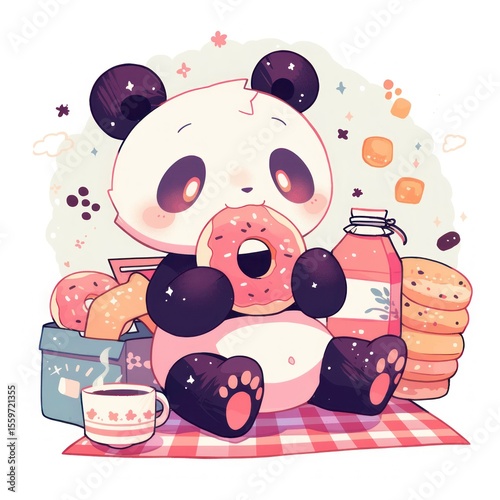 A panda enjoys a picnic eating a donut with cookies juice  coffee nearby