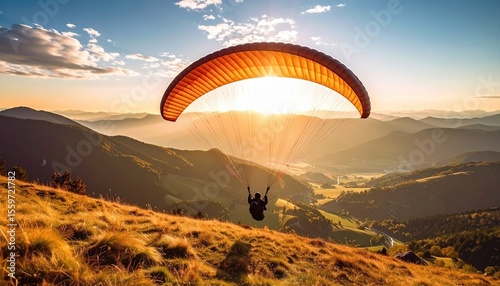 Paraglider soars over a grassy hilltop with layers of mountains visible at sunset illuminated by the warm sunlight