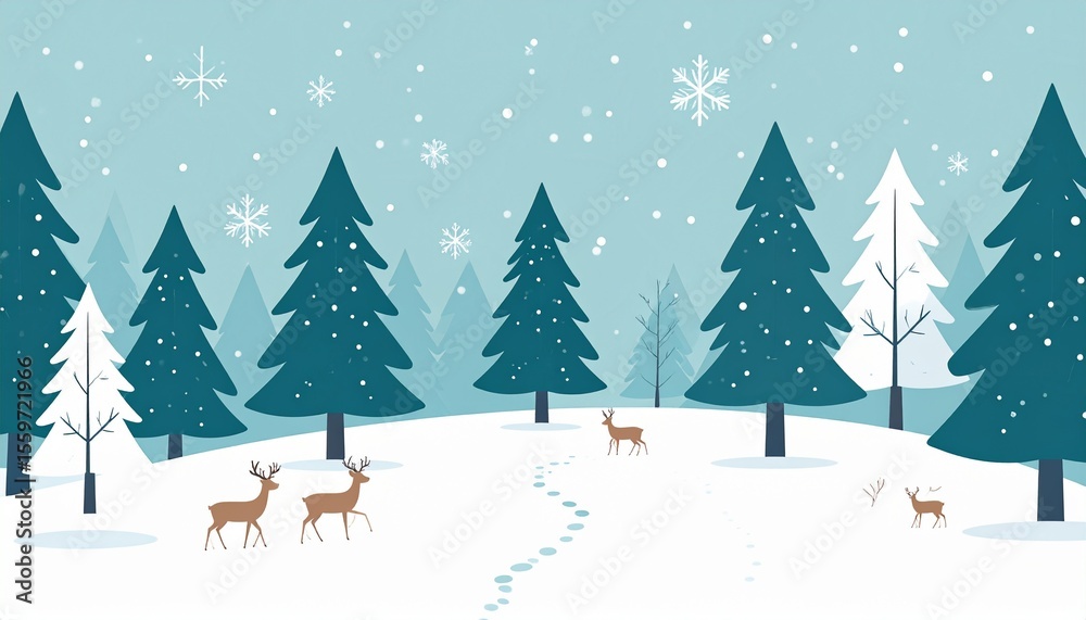 Obraz premium Winter Wonderland Snowy Forest with Reindeer Illustration