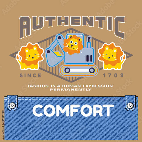 lion at work using heavy equipment , Animal Cartoon, Flat Vector Illustration
