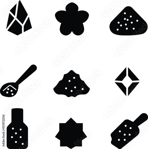 Gourmet Sea Salt icon set, crystals of gourmet sea salt are meticulously arranged in an elegant, transparent inviting a sensory pristine purity and subtle allure. Cooking vector icons template design