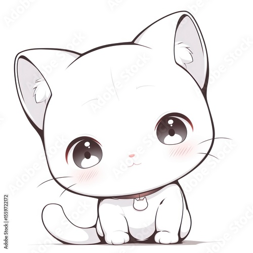 A small white cartoon cat with large eyes sitting and looking forward with a tail curled to the side