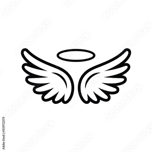 Simple Angel Wings and Halo Illustration in Black and White