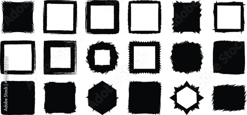 Grunge square frame bundle, rough hand-drawn vector shapes for texture, edge design, background, and graphic borders