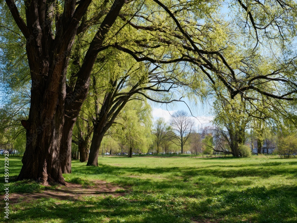 Fototapeta premium A sundappled park featuring large trees with vibrant green foliage casting shadows on a lush grassy field